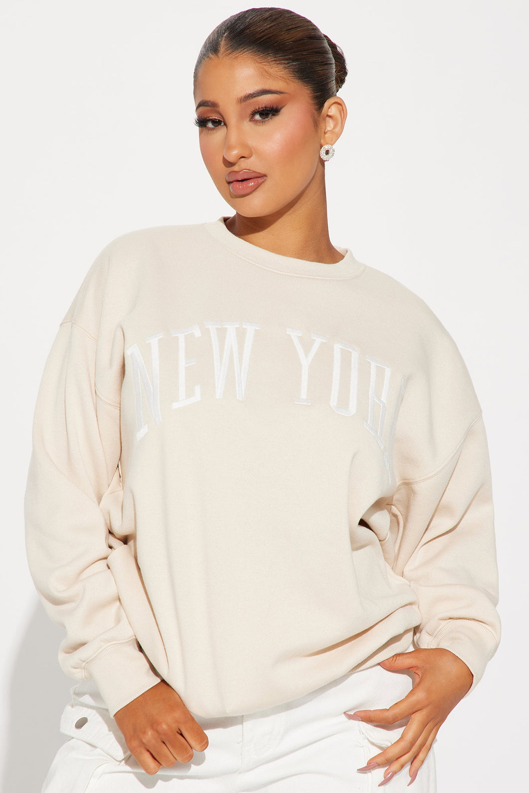 New York Embroidered Screen Sweatshirt - Cream